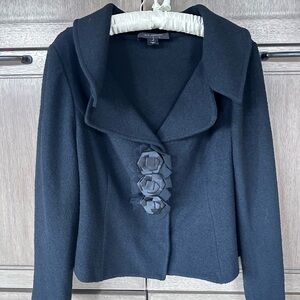 St. John black jacket with rose button closure, size 12